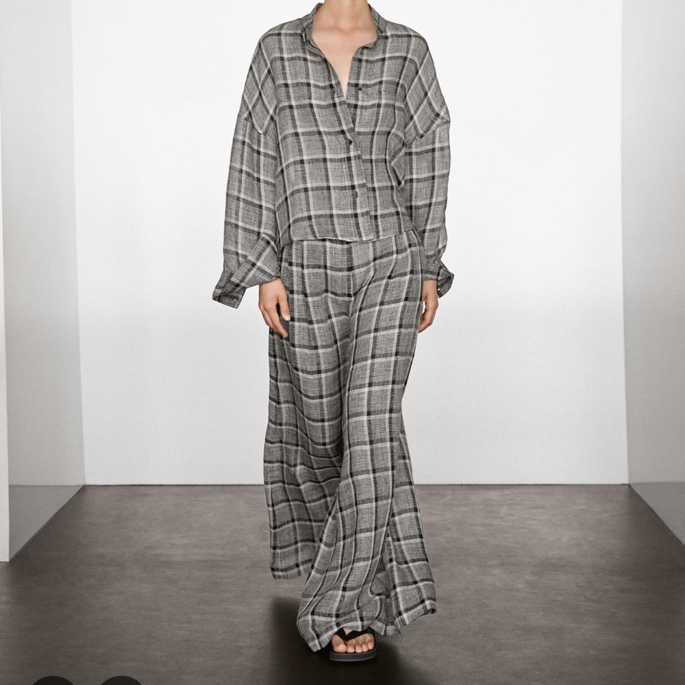 Massimo Dutti Linen Checked Trouser Set